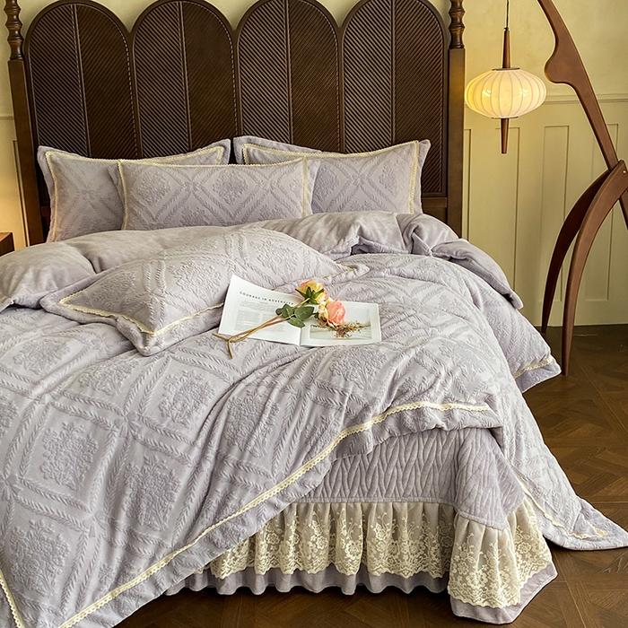 美伦美焕 2025新款全消光雕花绒蕾丝床盖款四件套 葵花-灰