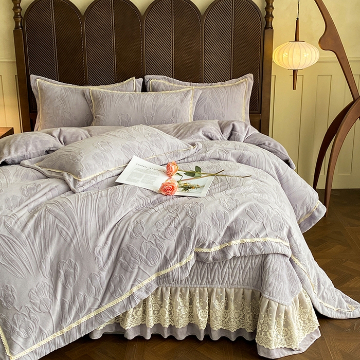 美伦美焕 2025新款全消光雕花绒蕾丝床盖款四件套 郁金香-灰