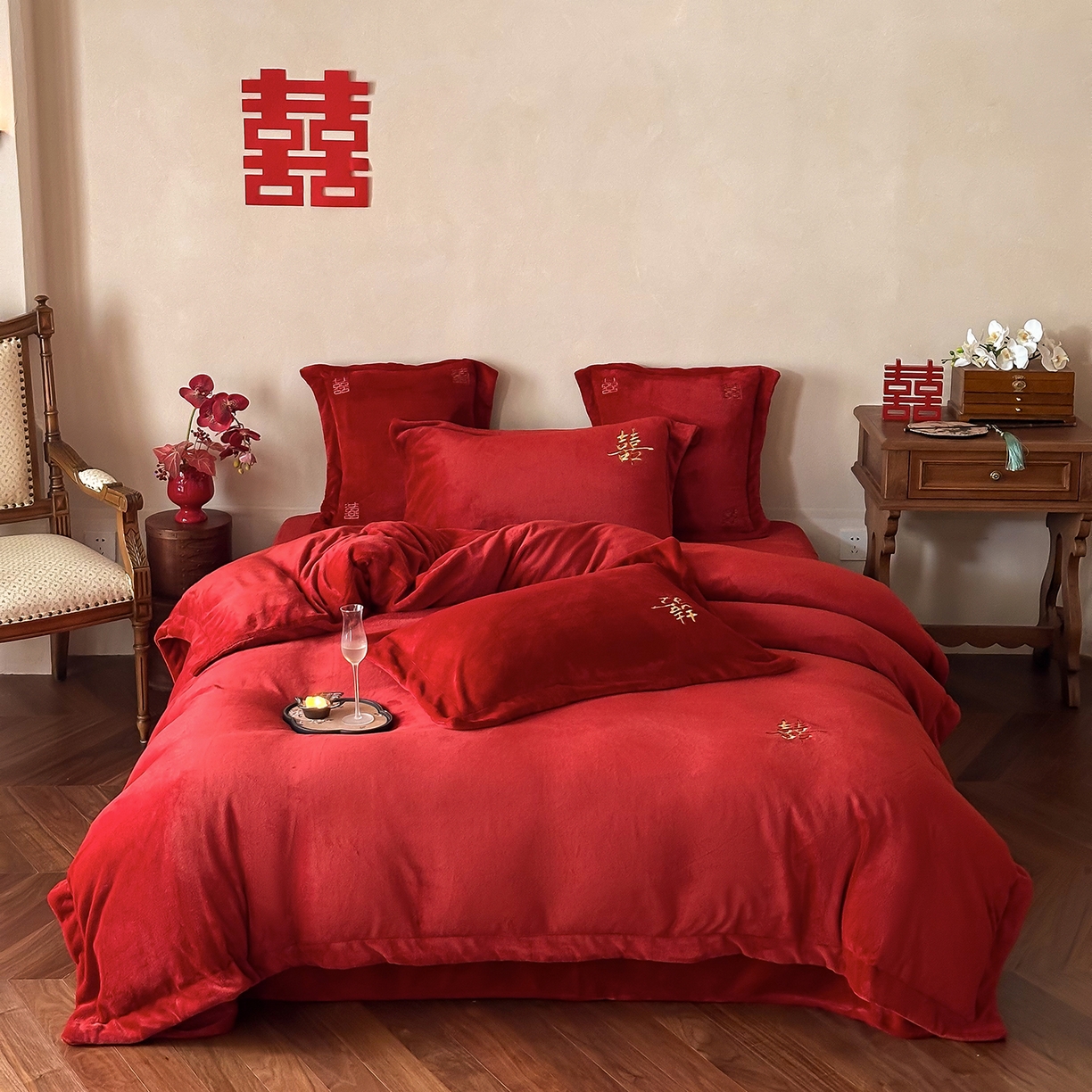 91家纺网 家纺一手货源 找家纺 （总）西西家居 2025新款正宗230g全消光牛奶绒婚庆四件套-吾家有囍