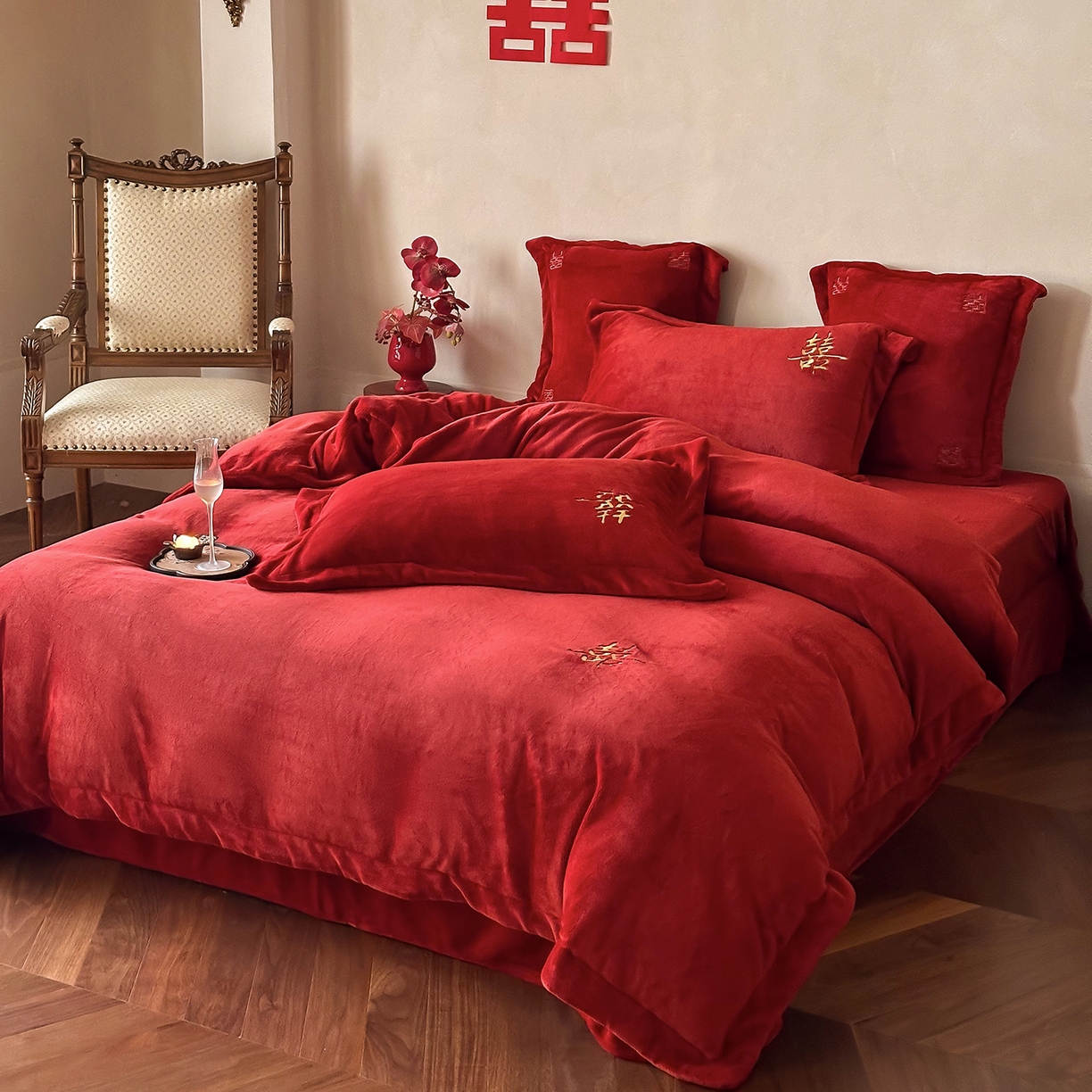 91家纺网 家纺一手货源 找家纺 （总）西西家居 2025新款正宗230g全消光牛奶绒婚庆四件套-吾家有囍