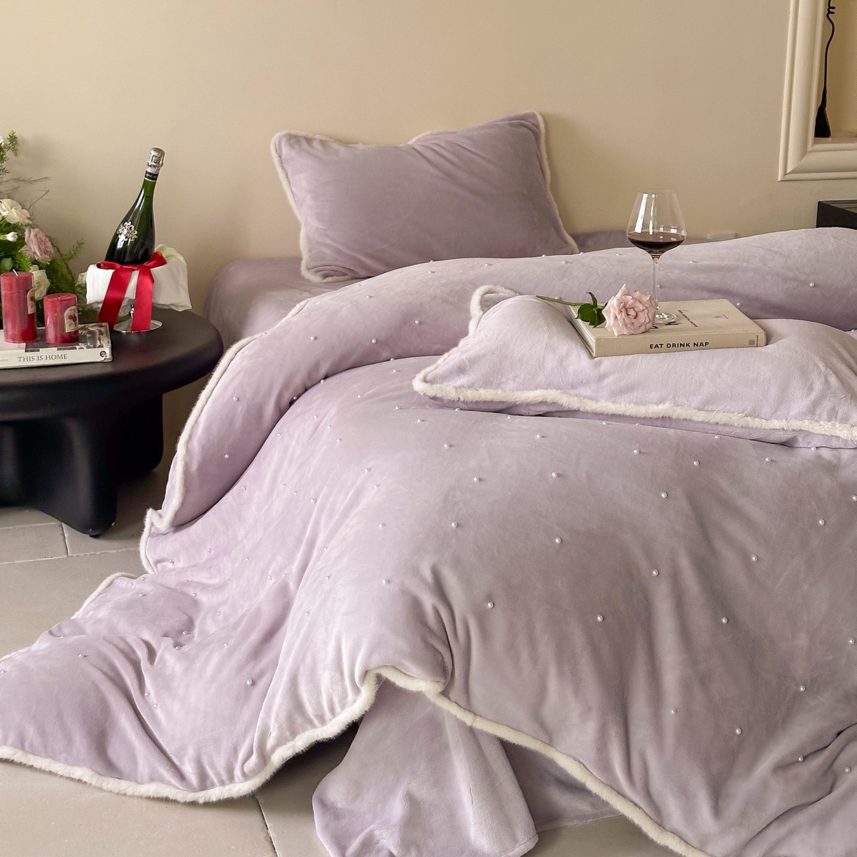 91家纺网 家纺一手货源 找家纺 西西家居 2025新款正宗230g全消光牛奶绒四件套-月落星河 月落星河-紫