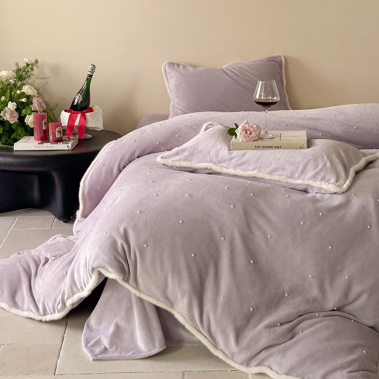 91家纺网 家纺一手货源 找家纺 西西家居 2025新款正宗230g全消光牛奶绒四件套-月落星河 月落星河-紫