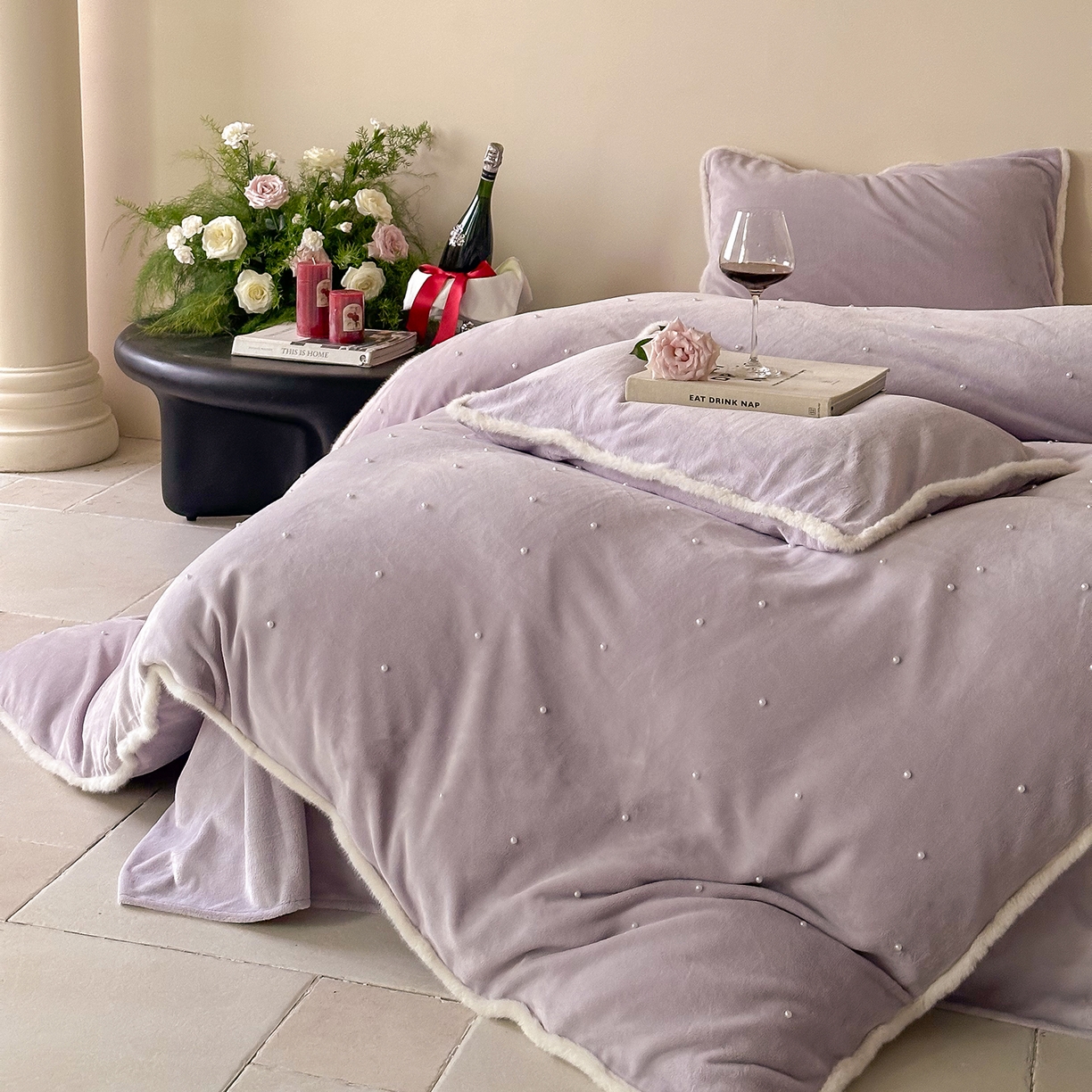 91家纺网 家纺一手货源 找家纺 西西家居 2025新款正宗230g全消光牛奶绒四件套-月落星河 月落星河-紫