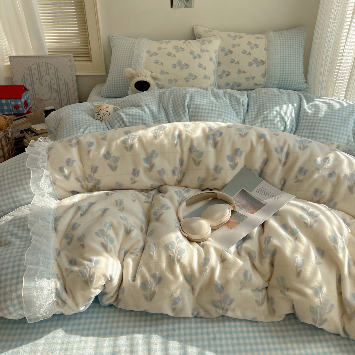 91家纺网 家纺一手货源 找家纺 瑞莱 2025秋冬高克重韩系蕾丝花边雕花绒四件套 郁金香