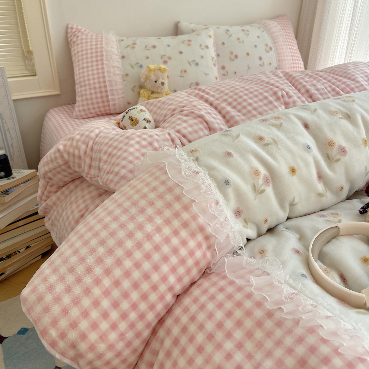 瑞莱 2025秋冬高克重韩系蕾丝花边雕花绒四件套 悠然