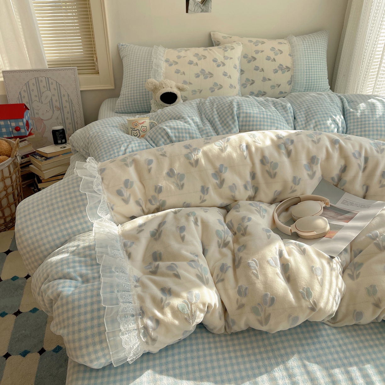 91家纺网 家纺一手货源 找家纺 瑞莱 2025秋冬高克重韩系蕾丝花边雕花绒四件套 郁金香