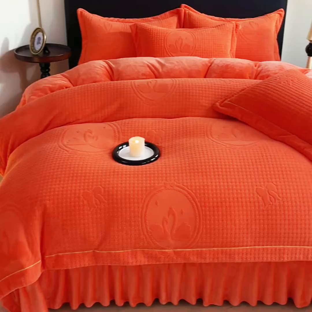 91家纺网 家纺一手货源 找家纺 代芙家纺 2025新款全消光雕花四件套-爱恋 爱恋-亮橙