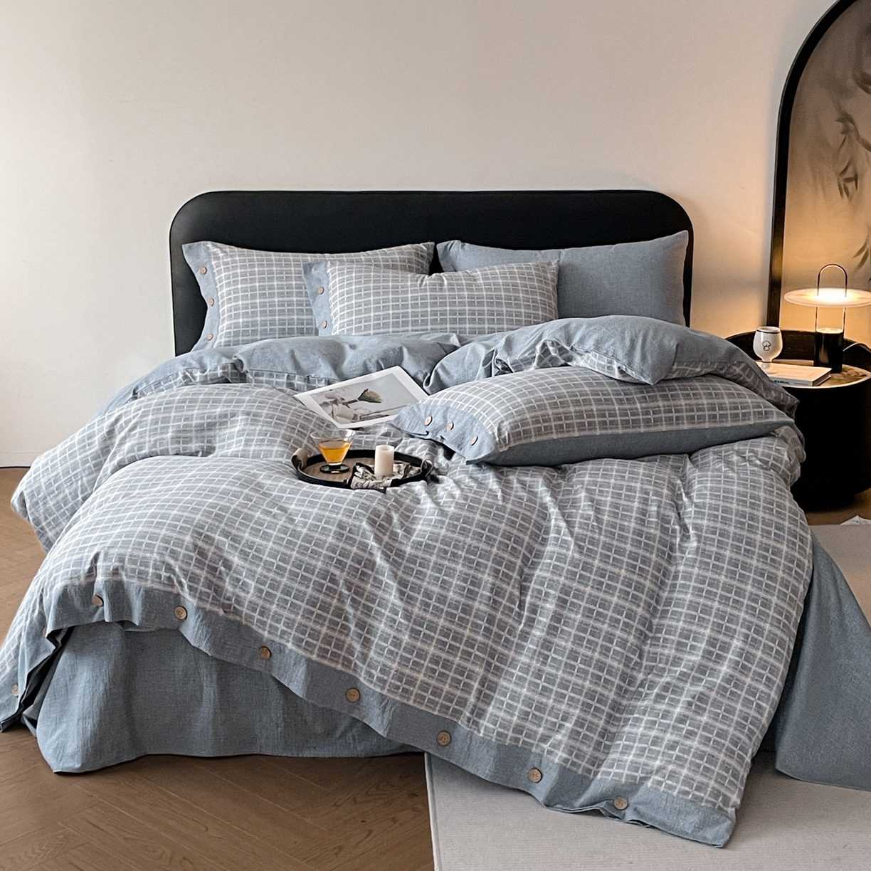 91家纺网 家纺一手货源 找家纺 慕木家纺 2025新款日系原麻复古风纽扣款四件套 纽扣款-伯克利-灰