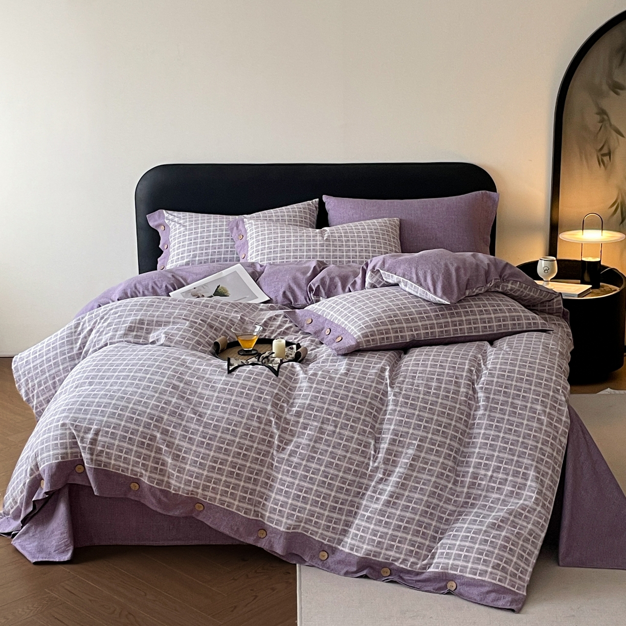 慕木家纺 2025新款日系原麻复古风纽扣款四件套 纽扣款-伯克利-紫