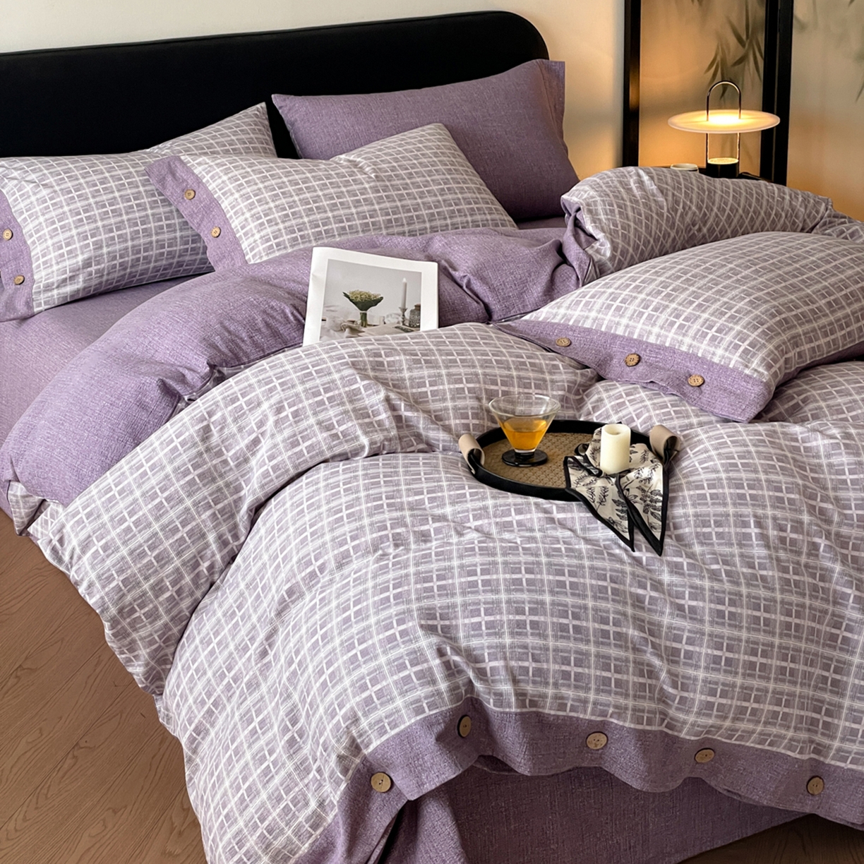 91家纺网 家纺一手货源 找家纺 慕木家纺 2025新款日系原麻复古风纽扣款四件套 纽扣款-伯克利-紫