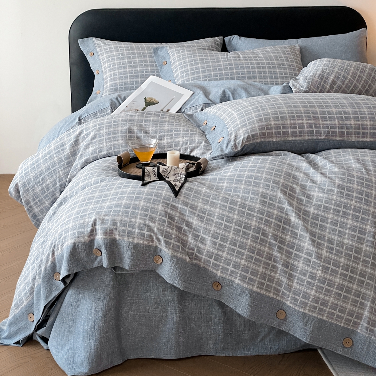 91家纺网 家纺一手货源 找家纺 慕木家纺 2025新款日系原麻复古风纽扣款四件套 纽扣款-伯克利-灰