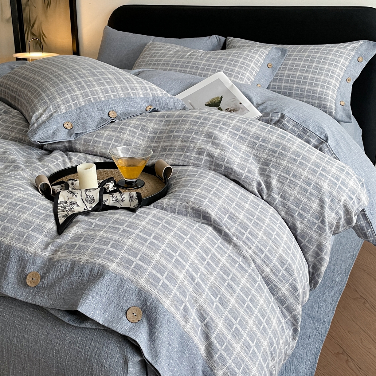 91家纺网 家纺一手货源 找家纺 慕木家纺 2025新款日系原麻复古风纽扣款四件套 纽扣款-伯克利-灰