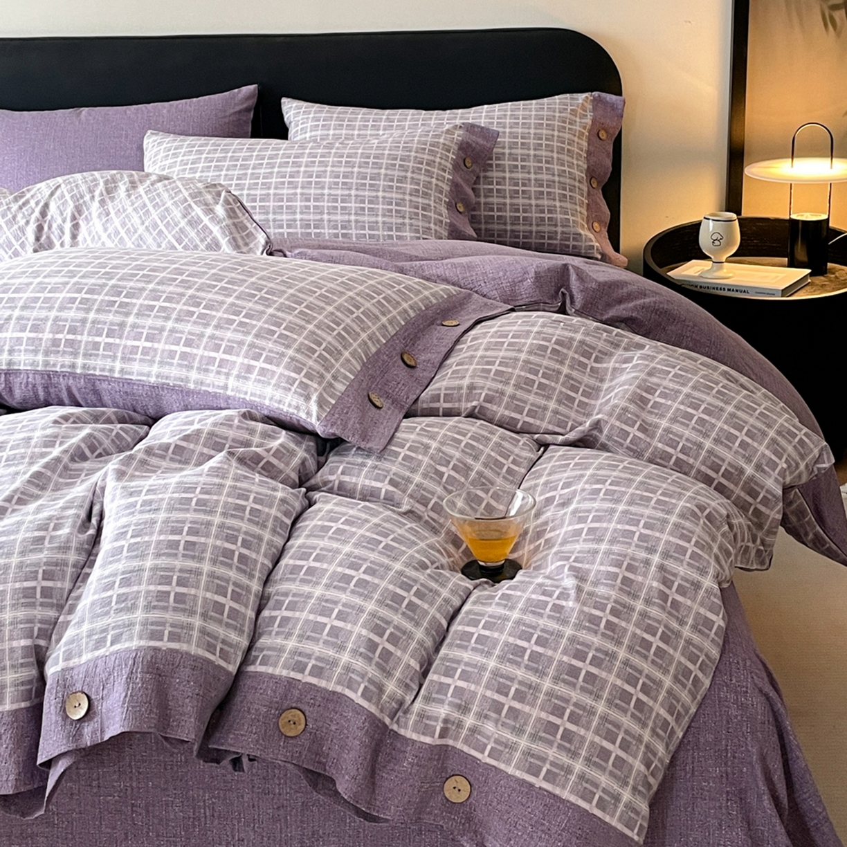 91家纺网 家纺一手货源 找家纺 慕木家纺 2025新款日系原麻复古风纽扣款四件套 纽扣款-伯克利-紫