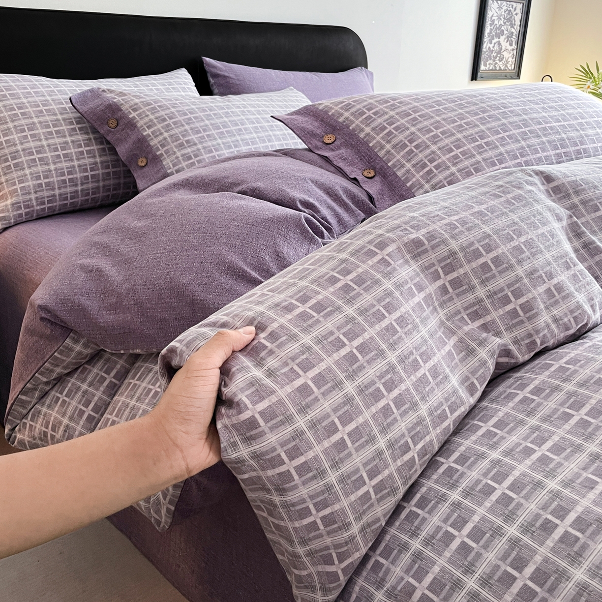 91家纺网 家纺一手货源 找家纺 慕木家纺 2025新款日系原麻复古风纽扣款四件套 纽扣款-伯克利-紫