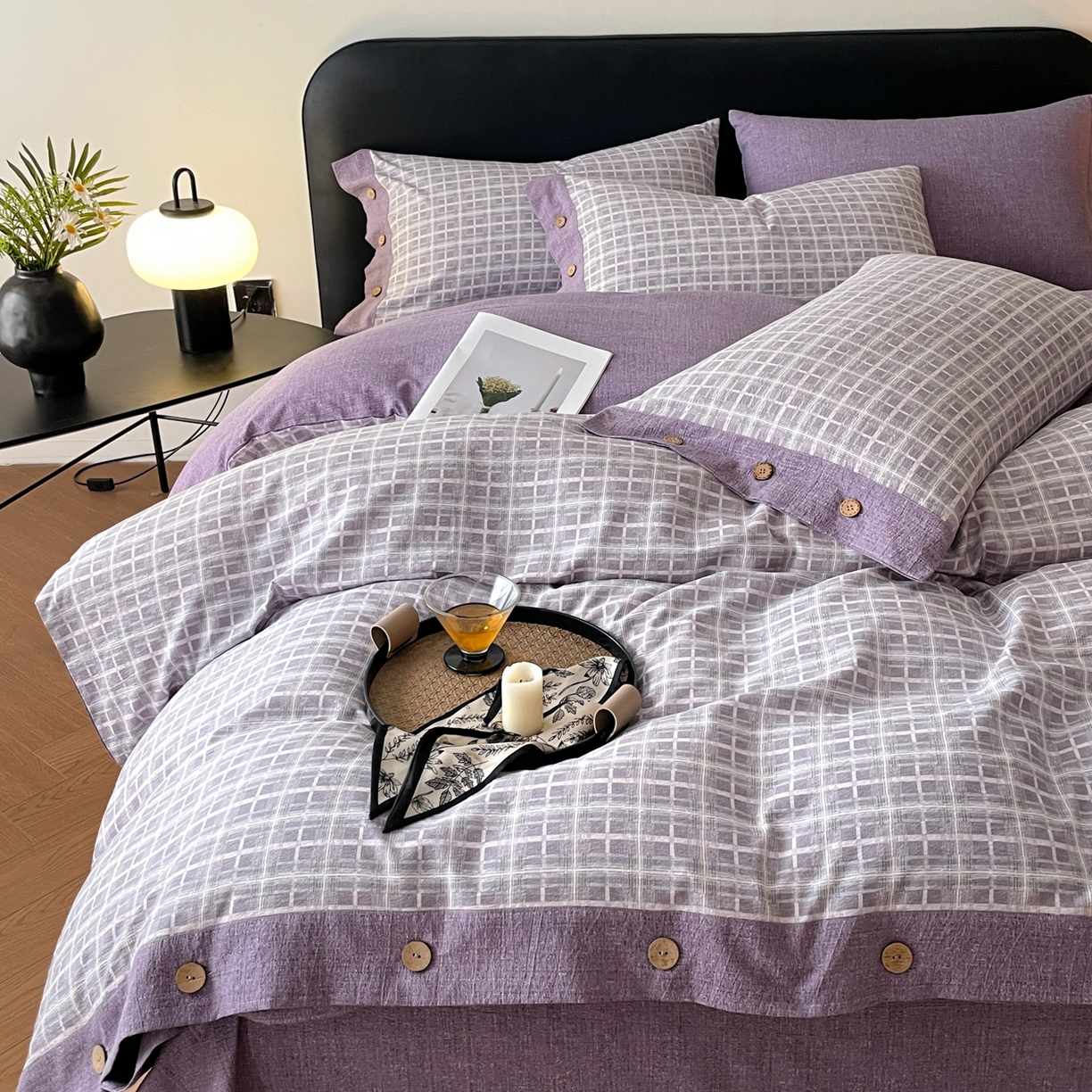 91家纺网 家纺一手货源 找家纺 慕木家纺 2025新款日系原麻复古风纽扣款四件套 纽扣款-伯克利-紫