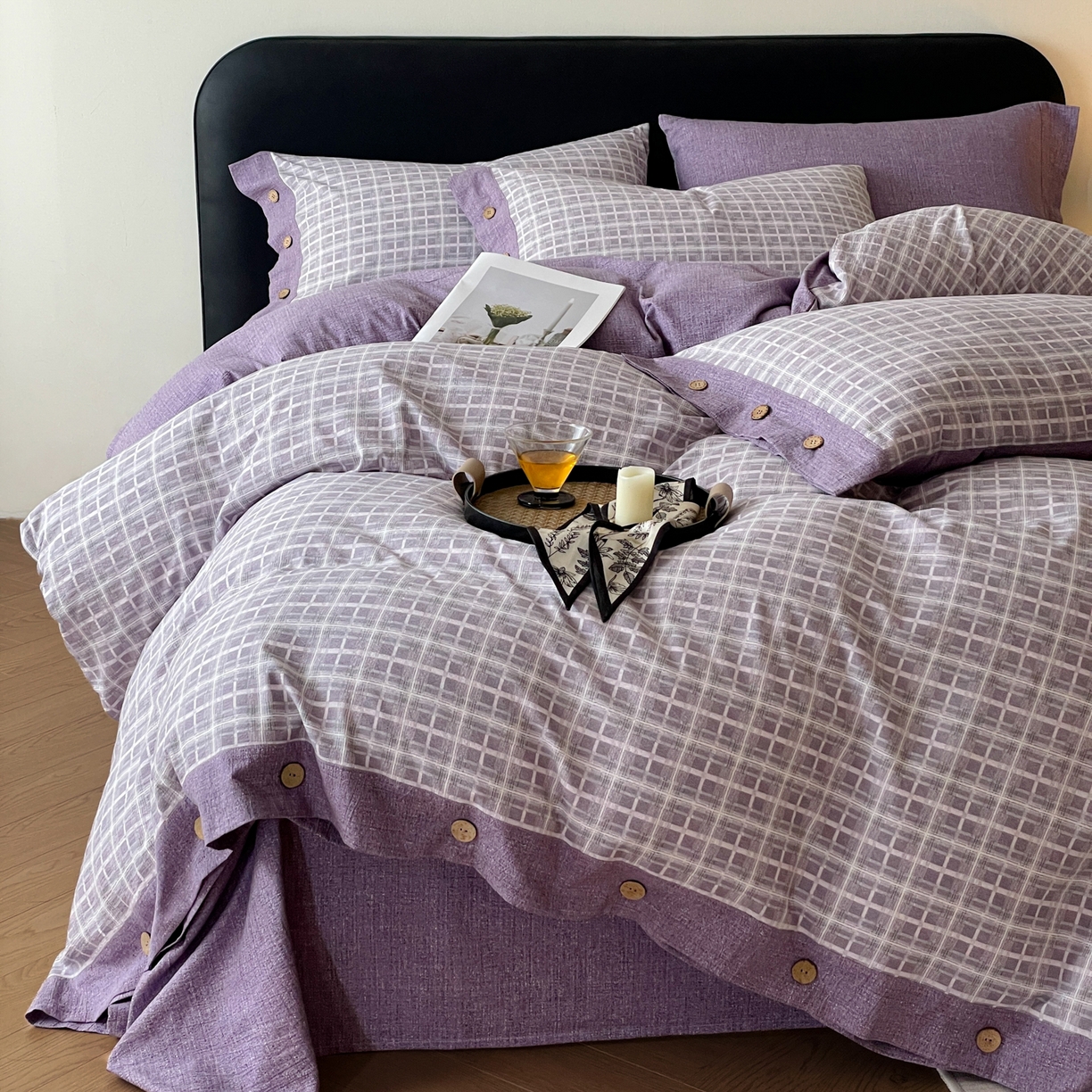 91家纺网 家纺一手货源 找家纺 慕木家纺 2025新款日系原麻复古风纽扣款四件套 纽扣款-伯克利-紫