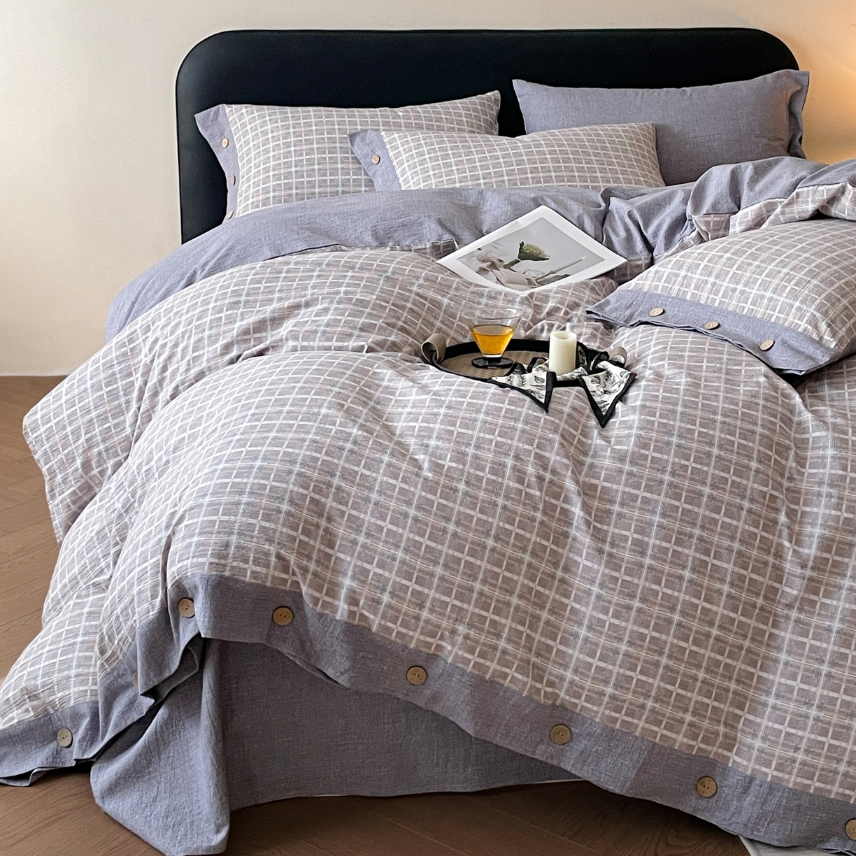 91家纺网 家纺一手货源 找家纺 慕木家纺 2025新款日系原麻复古风纽扣款四件套 纽扣款-伯克利-咖