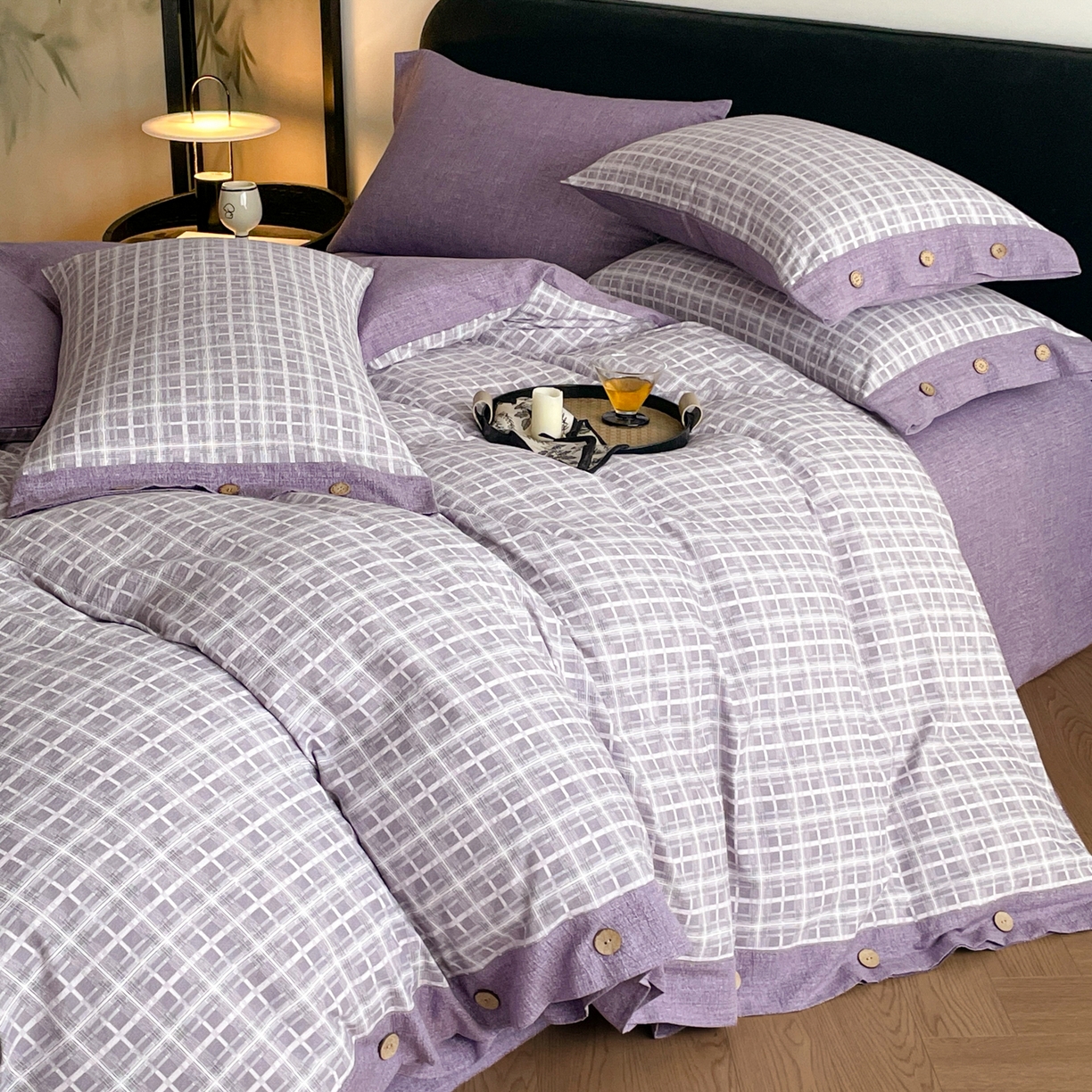 91家纺网 家纺一手货源 找家纺 慕木家纺 2025新款日系原麻复古风纽扣款四件套 纽扣款-伯克利-紫