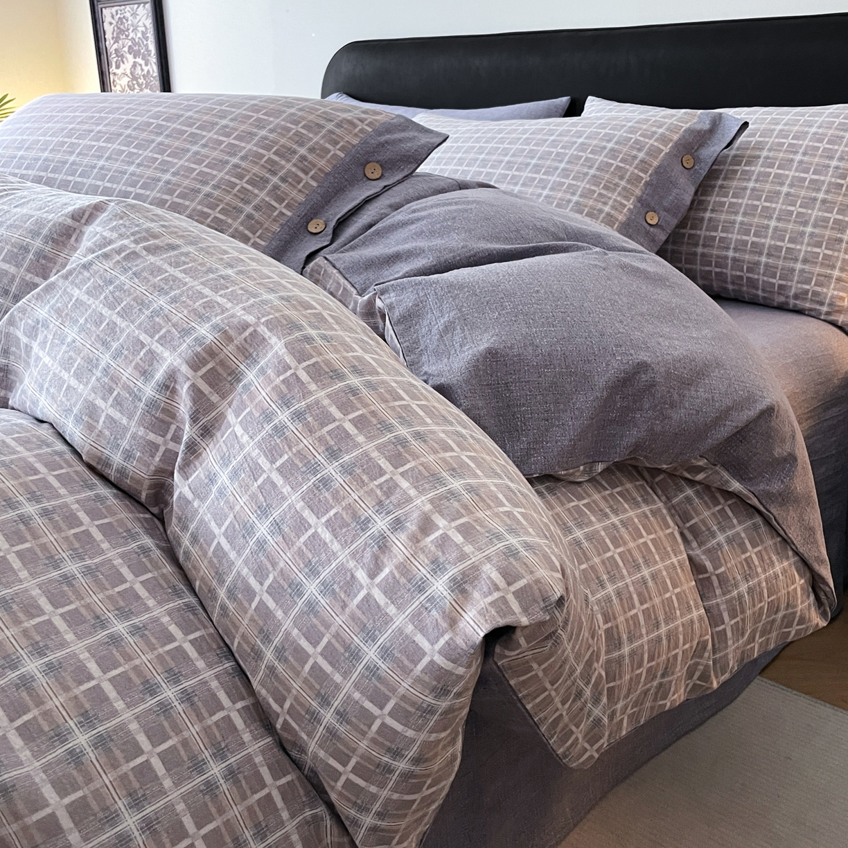 91家纺网 家纺一手货源 找家纺 慕木家纺 2025新款日系原麻复古风纽扣款四件套 纽扣款-伯克利-咖