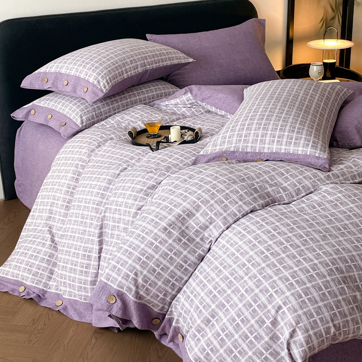 91家纺网 家纺一手货源 找家纺 慕木家纺 2025新款日系原麻复古风纽扣款四件套 纽扣款-伯克利-紫