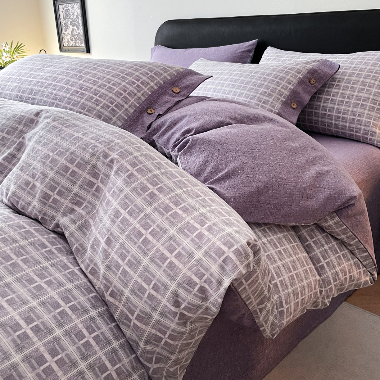 91家纺网 家纺一手货源 找家纺 慕木家纺 2025新款日系原麻复古风纽扣款四件套 纽扣款-伯克利-紫