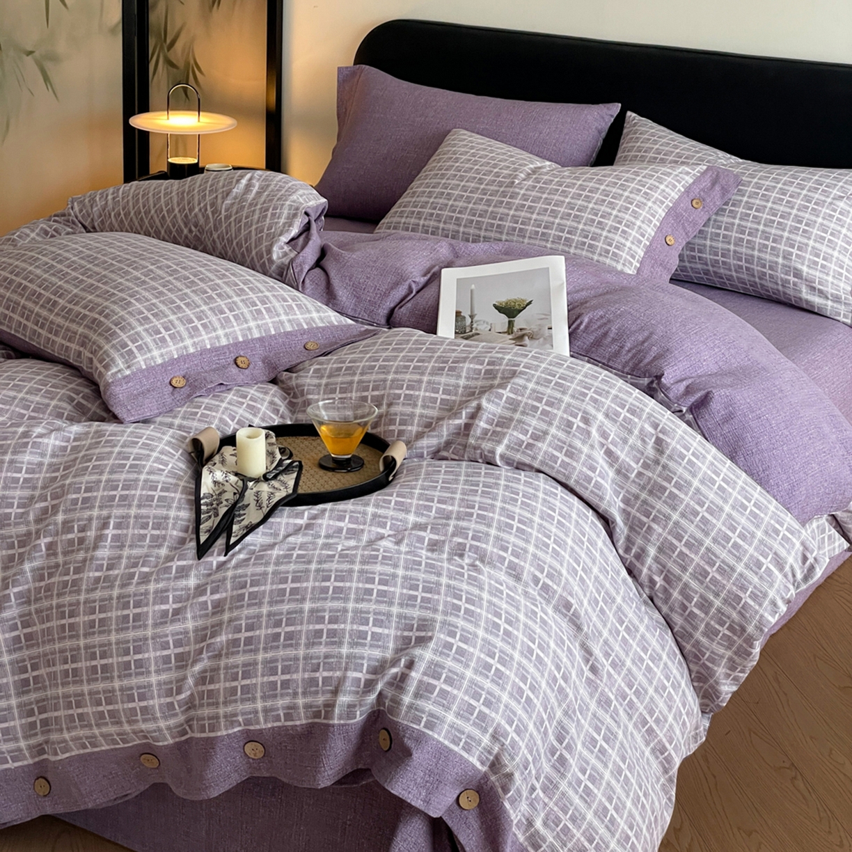 91家纺网 家纺一手货源 找家纺 慕木家纺 2025新款日系原麻复古风纽扣款四件套 纽扣款-伯克利-紫