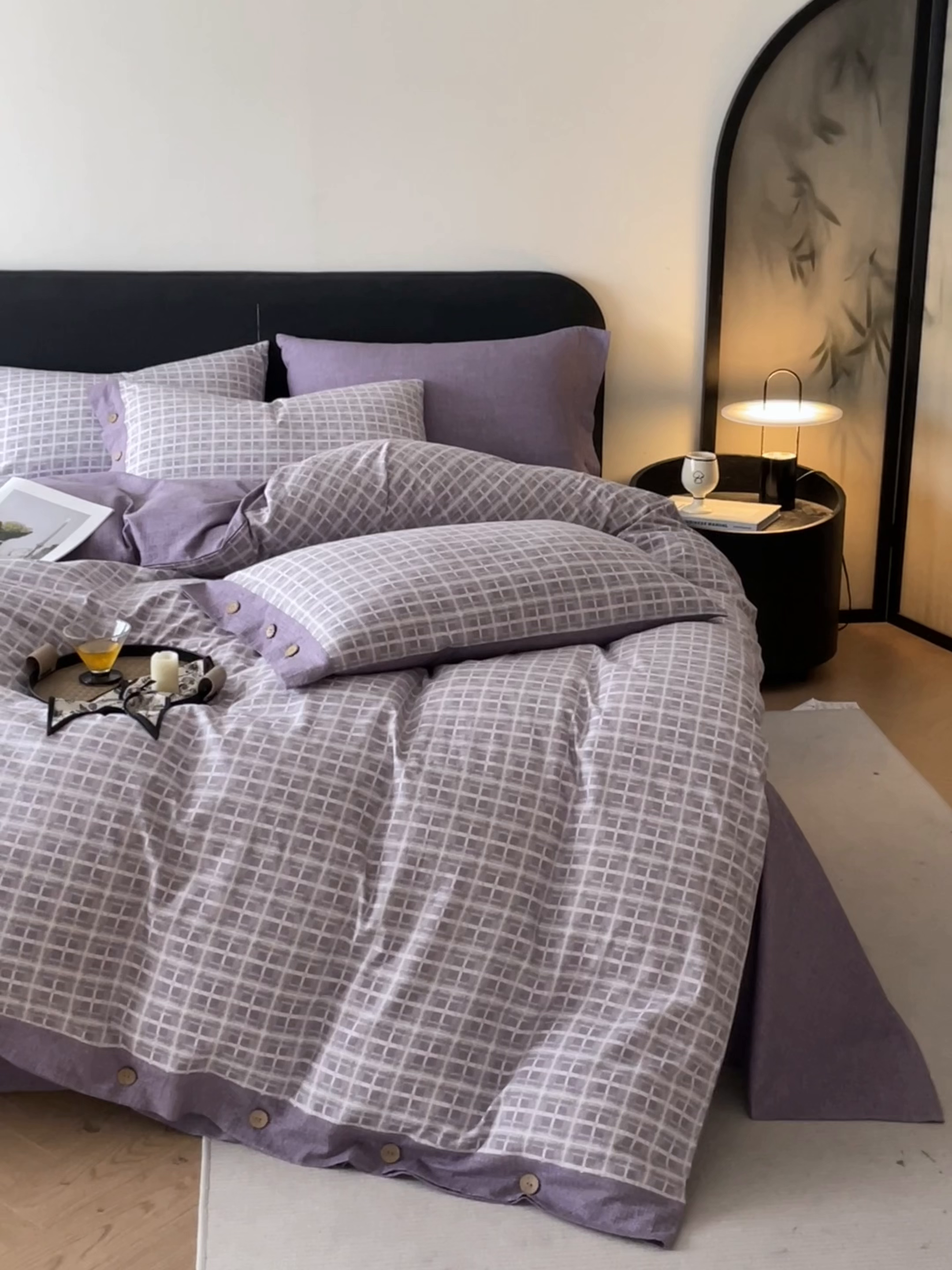 91家纺网 家纺一手货源 找家纺 慕木家纺 2025新款日系原麻复古风纽扣款四件套 纽扣款-伯克利-紫