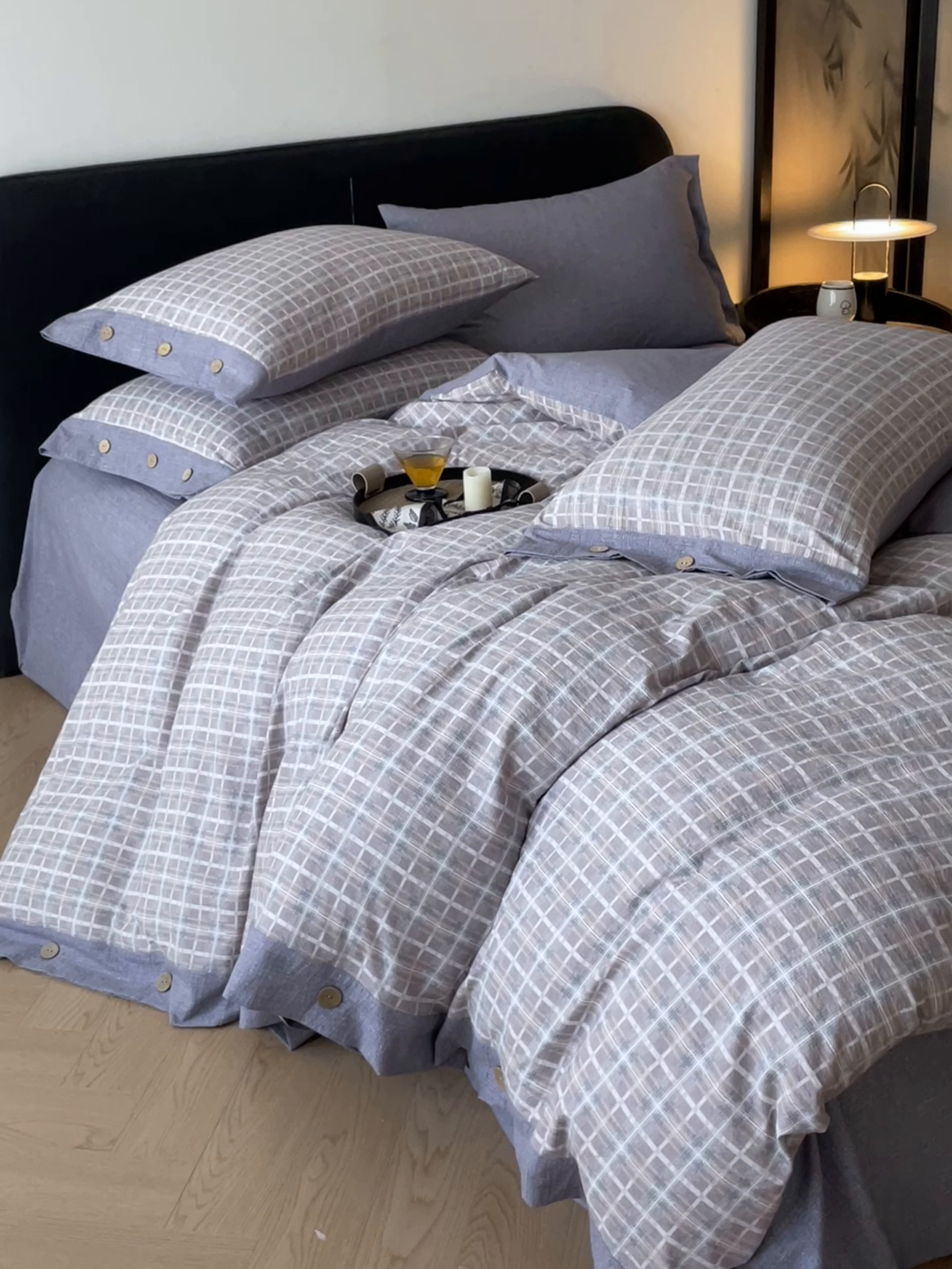 91家纺网 家纺一手货源 找家纺 慕木家纺 2025新款日系原麻复古风纽扣款四件套 纽扣款-伯克利-灰