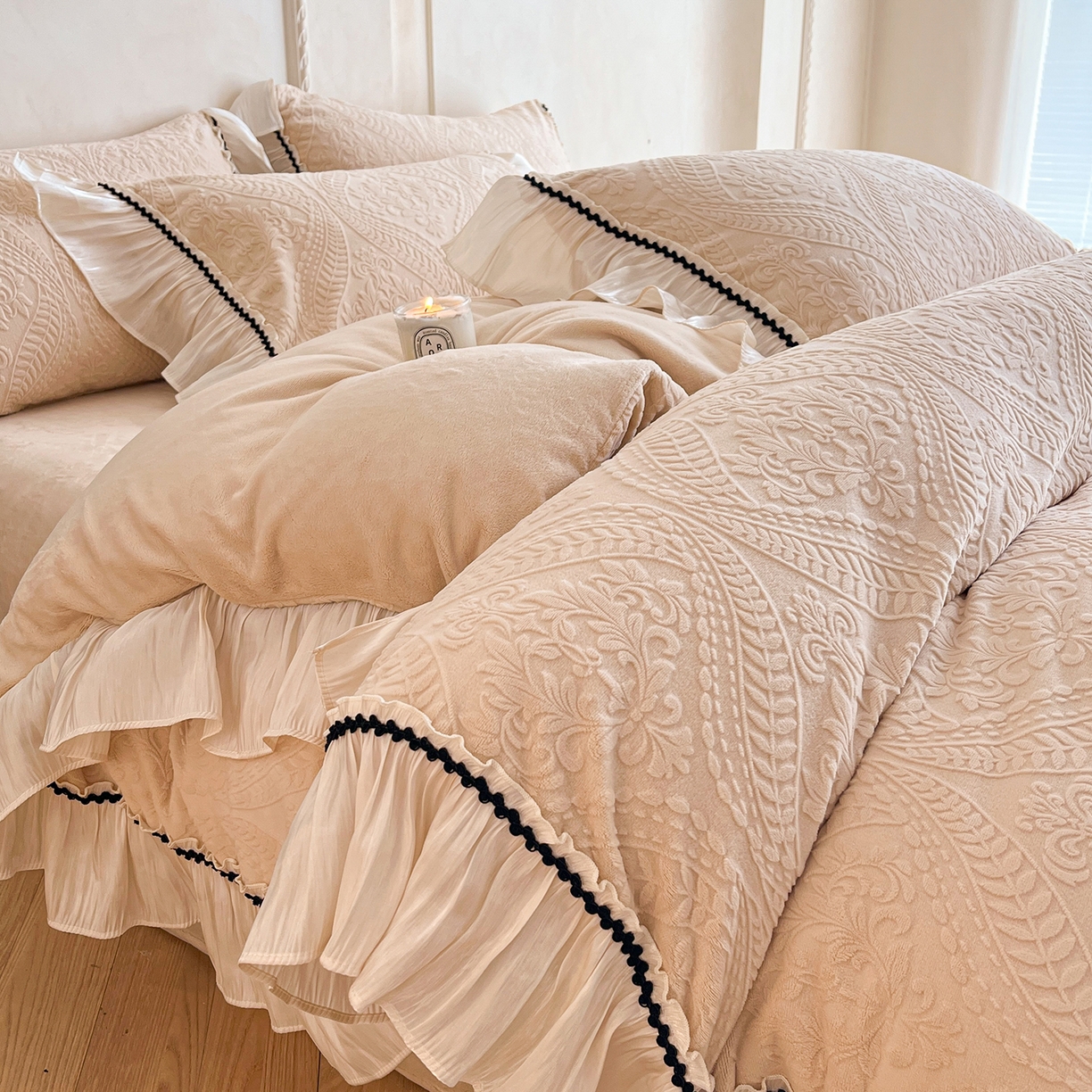 慕木家纺 2025新款巴洛克花边牛奶绒剪花四件套 巴洛克-卡其