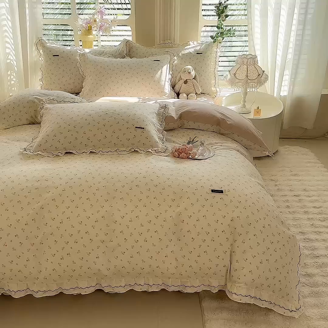 91家纺网 家纺一手货源 找家纺 艾唯希家纺 2025新款全棉双层花边四件套纯棉小碎花10个花型-花边系列 花艺漫漫