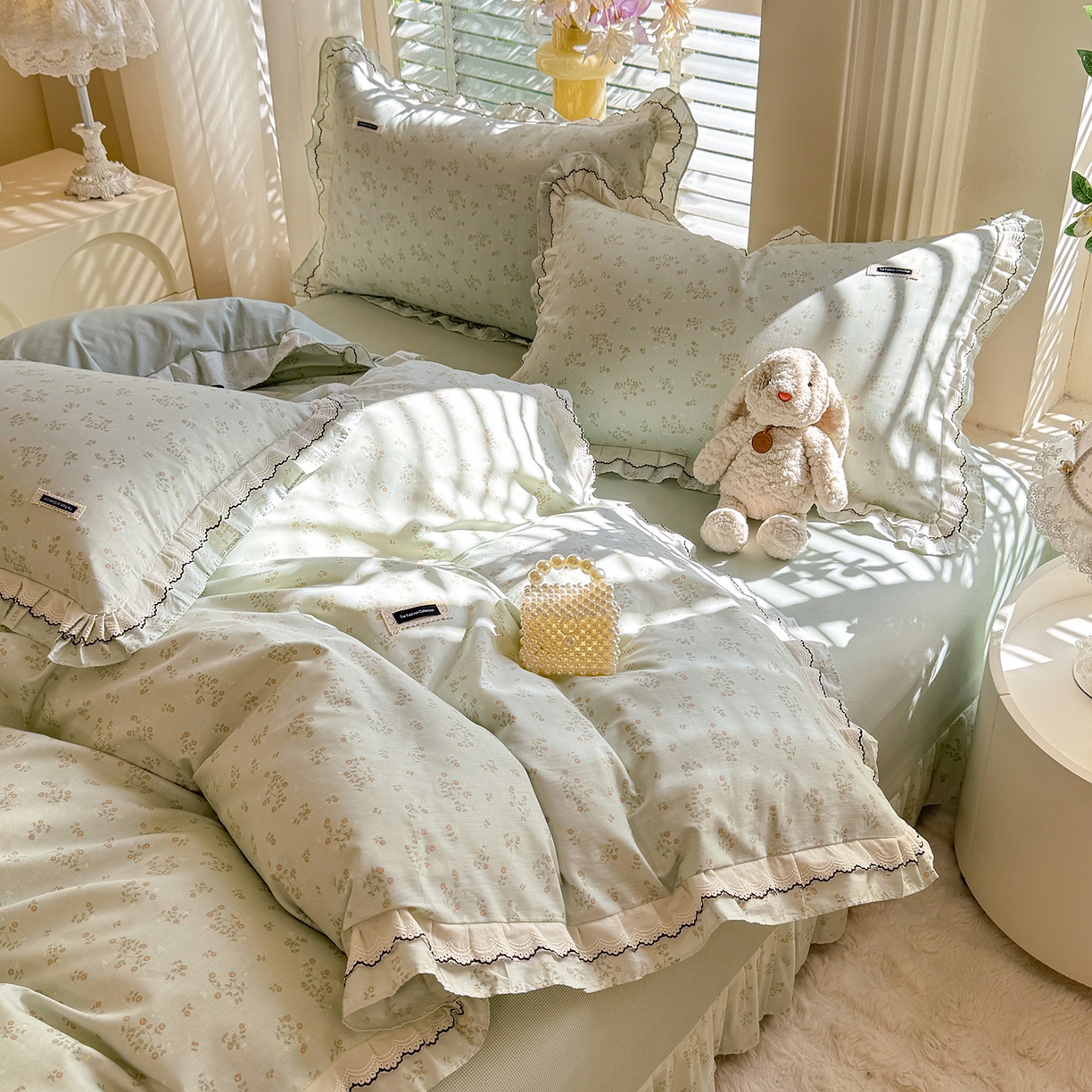 艾唯希家纺 2025新款全棉双层花边四件套纯棉小碎花10个花型-花边系列 林间物语-绿
