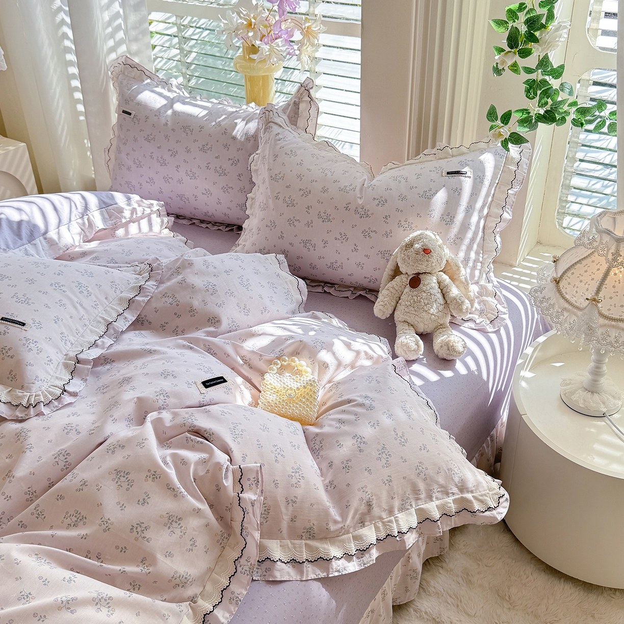 艾唯希家纺 2025新款全棉双层花边四件套纯棉小碎花10个花型-花边系列 林间物语-紫