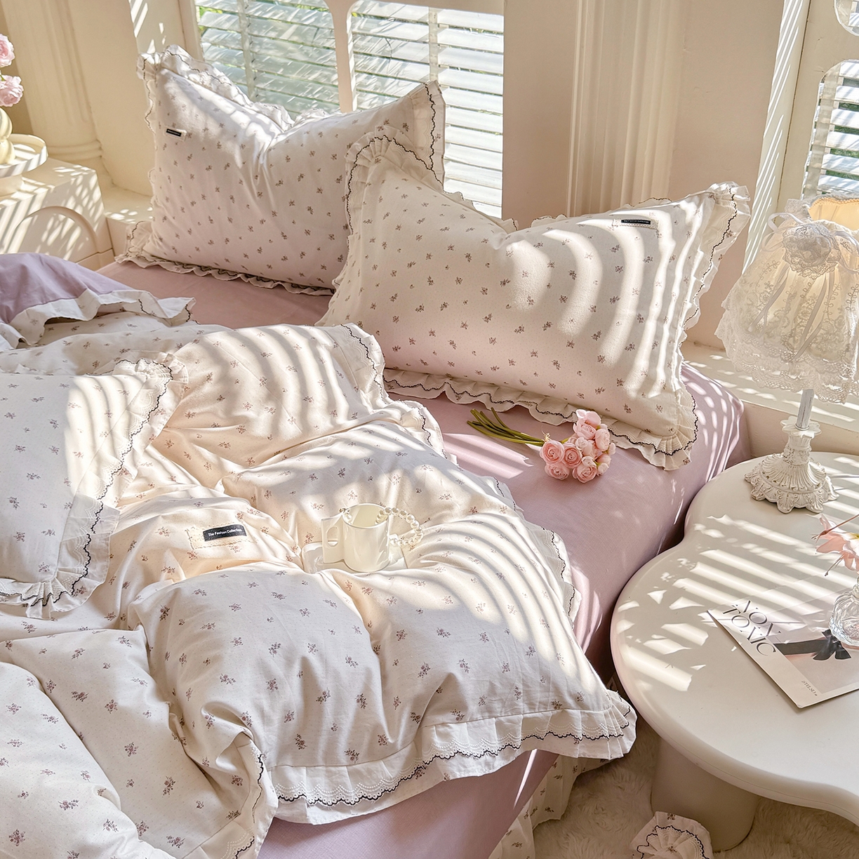 艾唯希家纺 2025新款全棉双层花边四件套纯棉小碎花10个花型-花边系列 雾里花