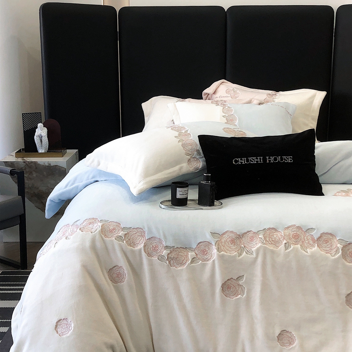 91家纺网 家纺一手货源 找家纺 初拾 2025新款230g牛奶绒“花卉” 四件套-暖冬甜心 暖冬甜心-蓝