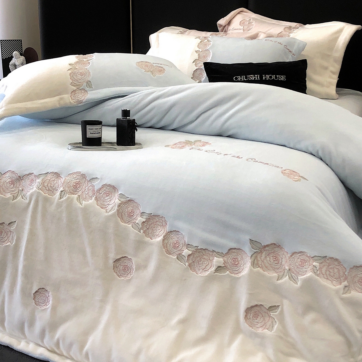 91家纺网 家纺一手货源 找家纺 初拾 2025新款230g牛奶绒“花卉” 四件套-暖冬甜心 暖冬甜心-蓝