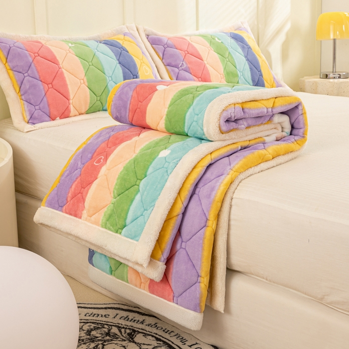 91家纺网 家纺一手货源 找家纺 慕木家纺 2025新款大床款牛奶绒印花床褥垫系列 床褥垫-彩虹条