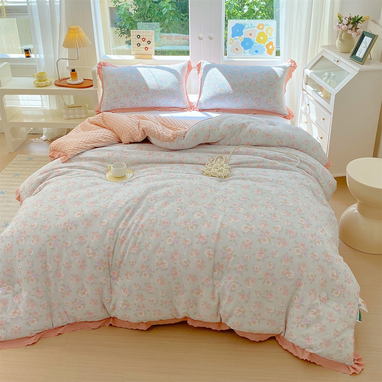 91家纺网 家纺一手货源 找家纺 （总）宝士康家纺 2025新品豆豆绒小花边印花被子被芯冬被/秋冬被/被芯/跨境外贸