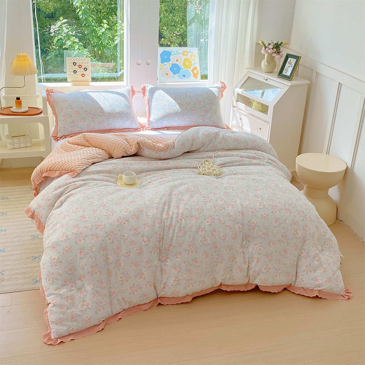 91家纺网 家纺一手货源 找家纺 （总）宝士康家纺 2025新品豆豆绒小花边印花被子被芯冬被/秋冬被/被芯/跨境外贸