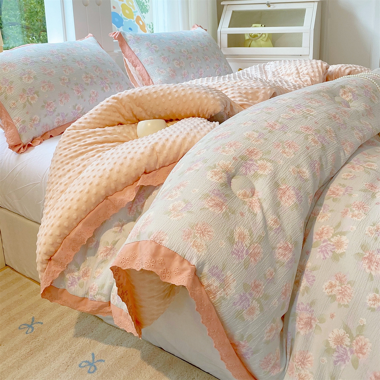 91家纺网 家纺一手货源 找家纺 （总）宝士康家纺 2025新品豆豆绒小花边印花被子被芯冬被/秋冬被/被芯/跨境外贸