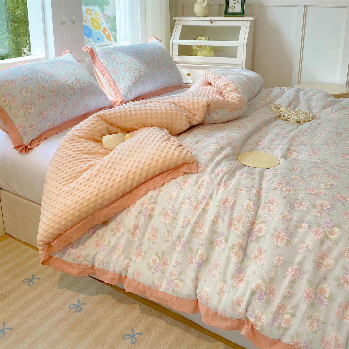 91家纺网 家纺一手货源 找家纺 宝士康家纺 2025新品豆豆绒小花边印花被子被芯冬被/秋冬被/被芯/跨境外贸 查里