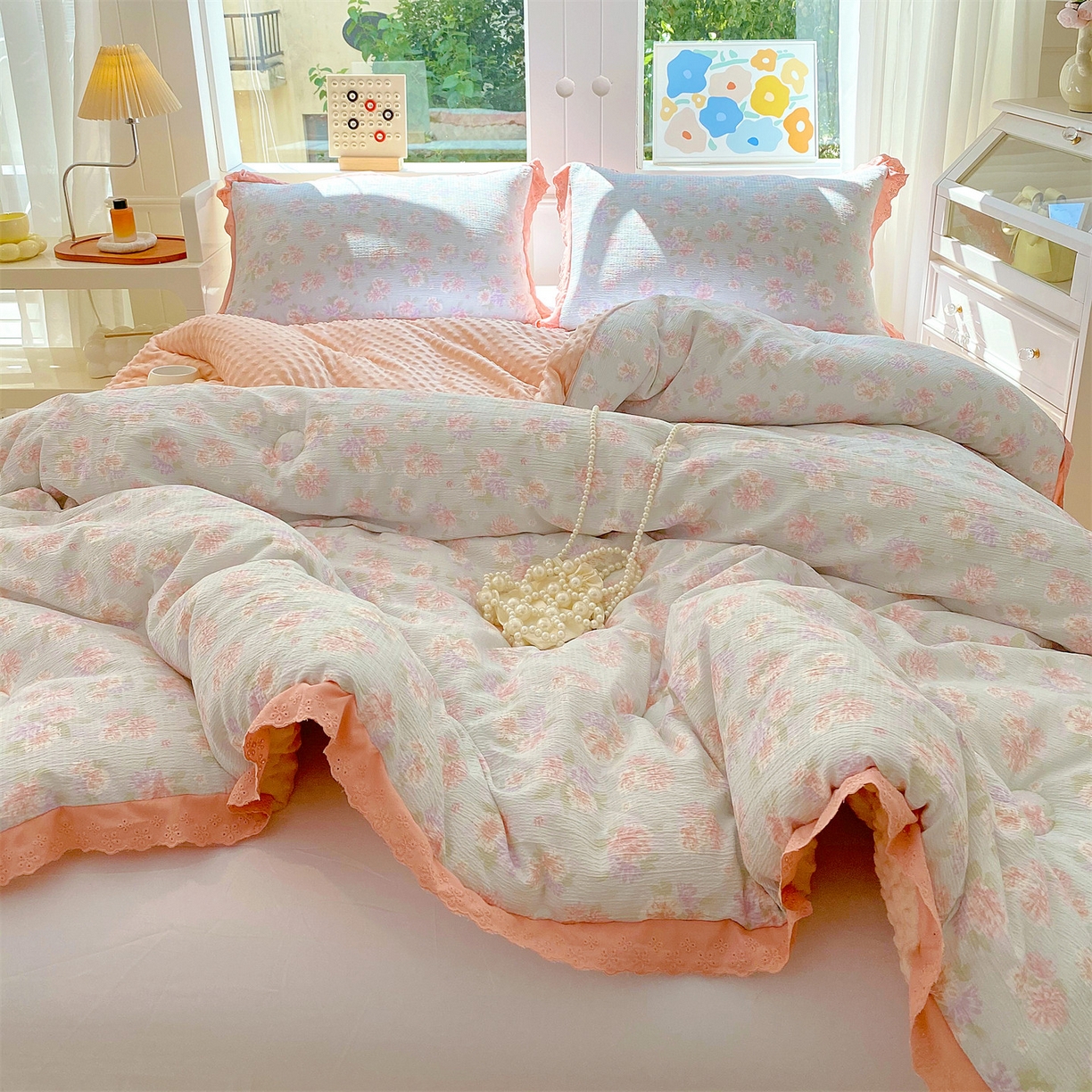 91家纺网 家纺一手货源 找家纺 宝士康家纺 2025新品豆豆绒小花边印花被子被芯冬被/秋冬被/被芯/跨境外贸 查里