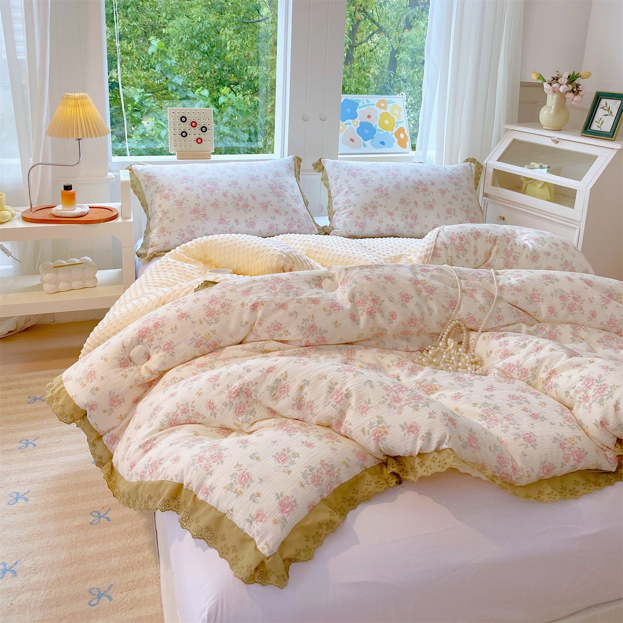 91家纺网 家纺一手货源 找家纺 宝士康家纺 2025新品豆豆绒小花边印花被子被芯冬被/秋冬被/被芯/跨境外贸 温柔乡