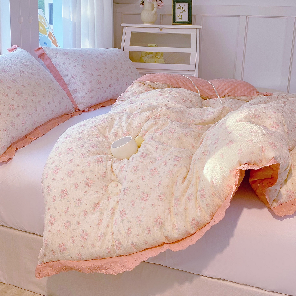 91家纺网 家纺一手货源 找家纺 宝士康家纺 2025新品豆豆绒小花边印花被子被芯冬被/秋冬被/被芯/跨境外贸 春樱