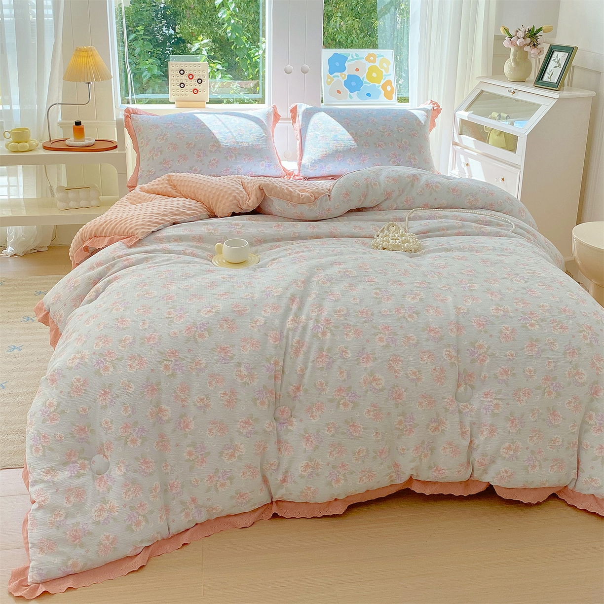 91家纺网 家纺一手货源 找家纺 宝士康家纺 2025新品豆豆绒小花边印花被子被芯冬被/秋冬被/被芯/跨境外贸 查里