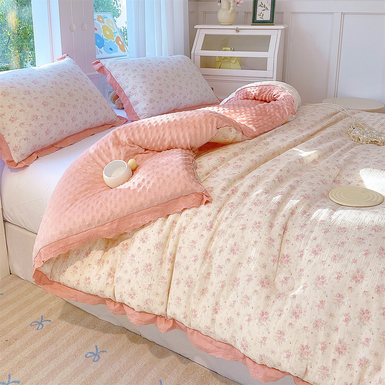 91家纺网 家纺一手货源 找家纺 宝士康家纺 2025新品豆豆绒小花边印花被子被芯冬被/秋冬被/被芯/跨境外贸 春樱