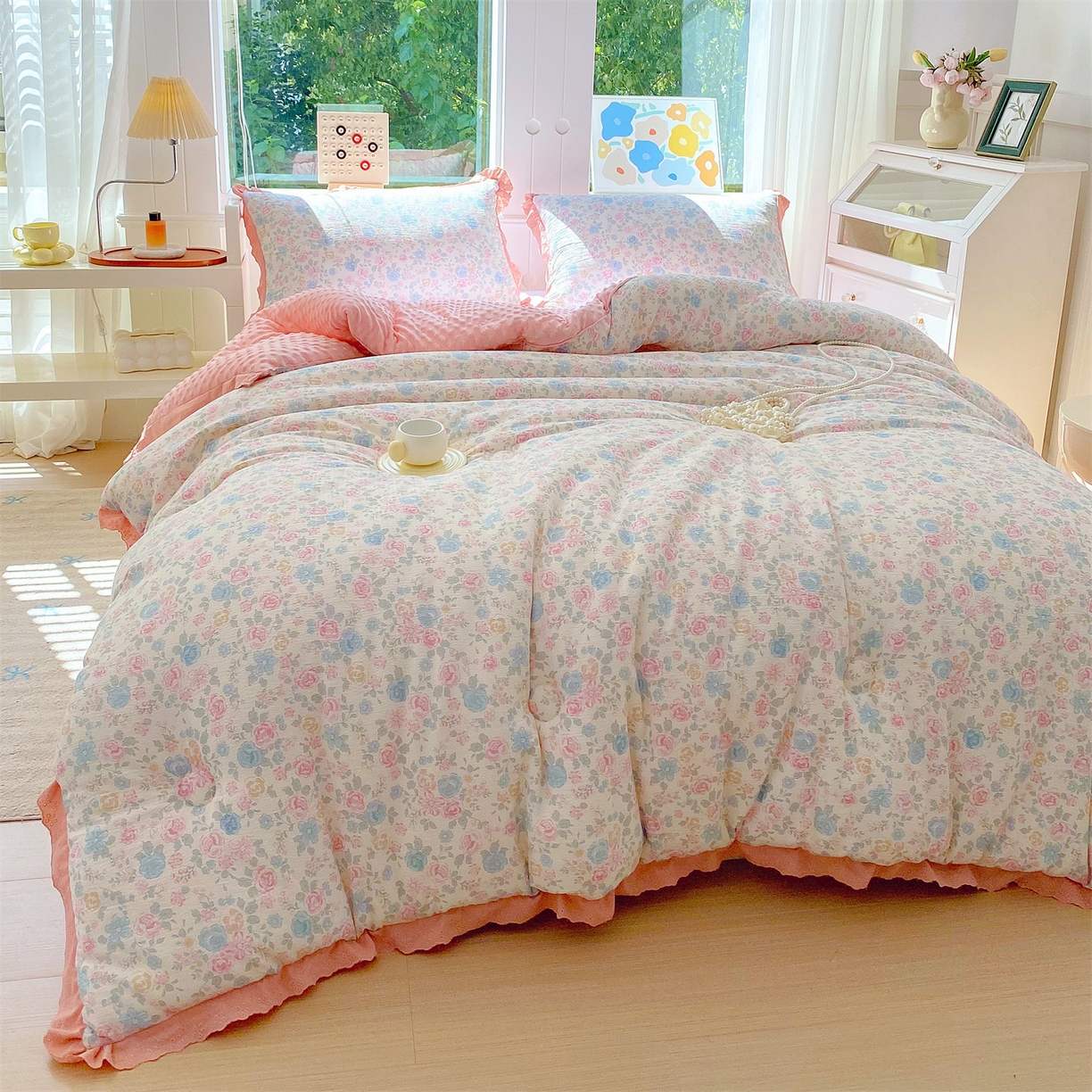 91家纺网 家纺一手货源 找家纺 宝士康家纺 2025新品豆豆绒小花边印花被子被芯冬被/秋冬被/被芯/跨境外贸 惜花芷