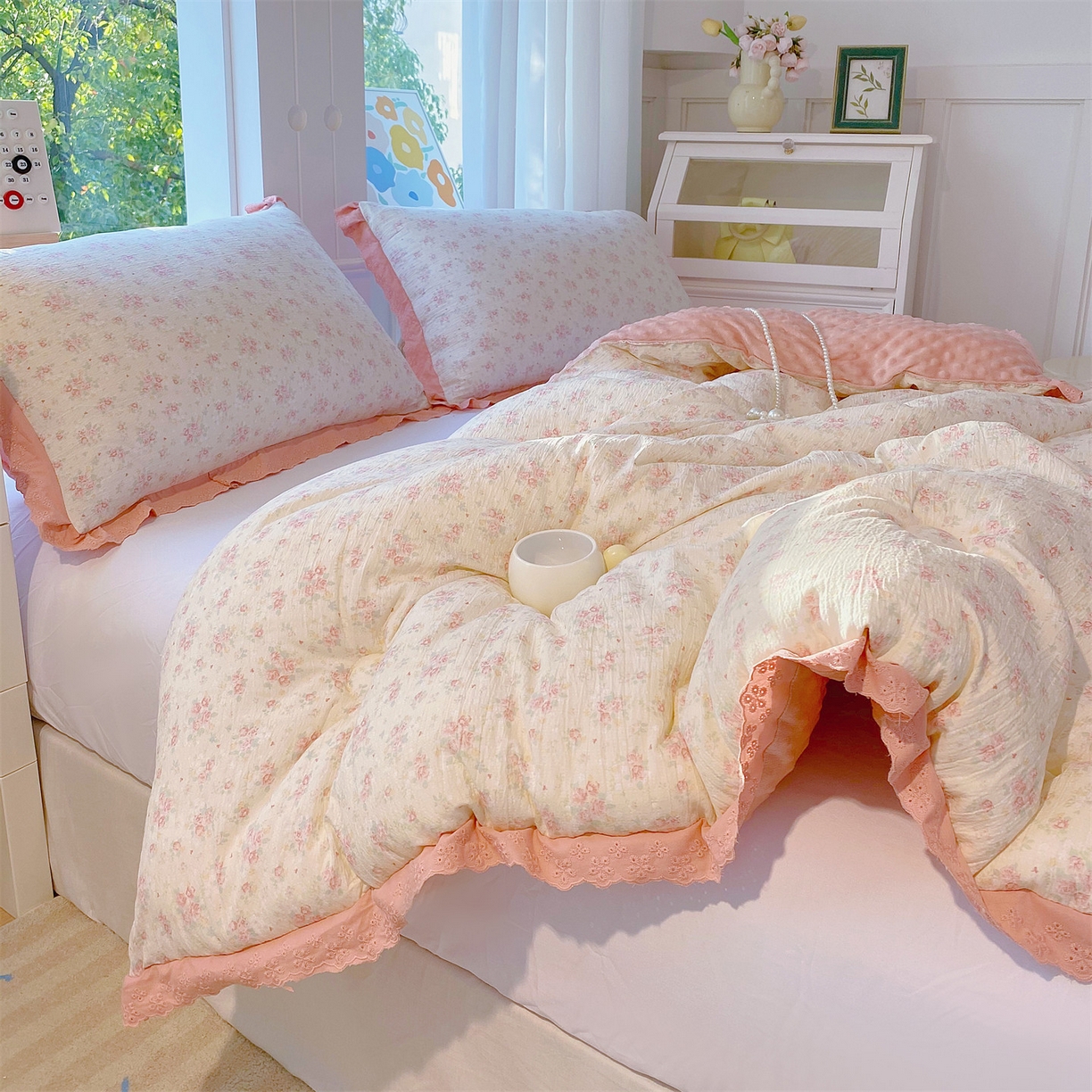 91家纺网 家纺一手货源 找家纺 宝士康家纺 2025新品豆豆绒小花边印花被子被芯冬被/秋冬被/被芯/跨境外贸 春樱