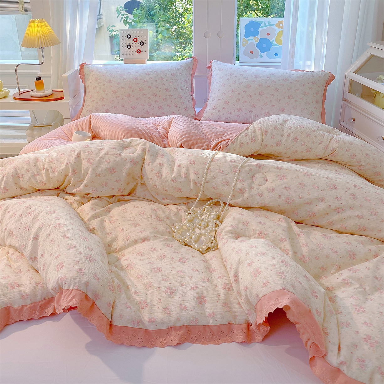 91家纺网 家纺一手货源 找家纺 宝士康家纺 2025新品豆豆绒小花边印花被子被芯冬被/秋冬被/被芯/跨境外贸 春樱