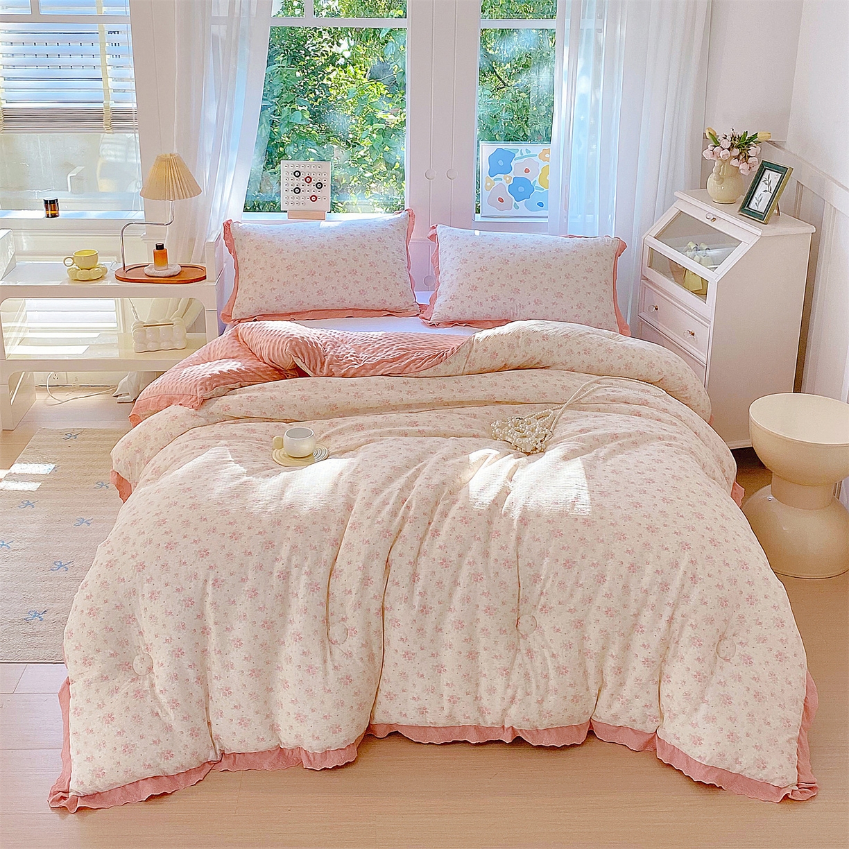 91家纺网 家纺一手货源 找家纺 宝士康家纺 2025新品豆豆绒小花边印花被子被芯冬被/秋冬被/被芯/跨境外贸 春樱