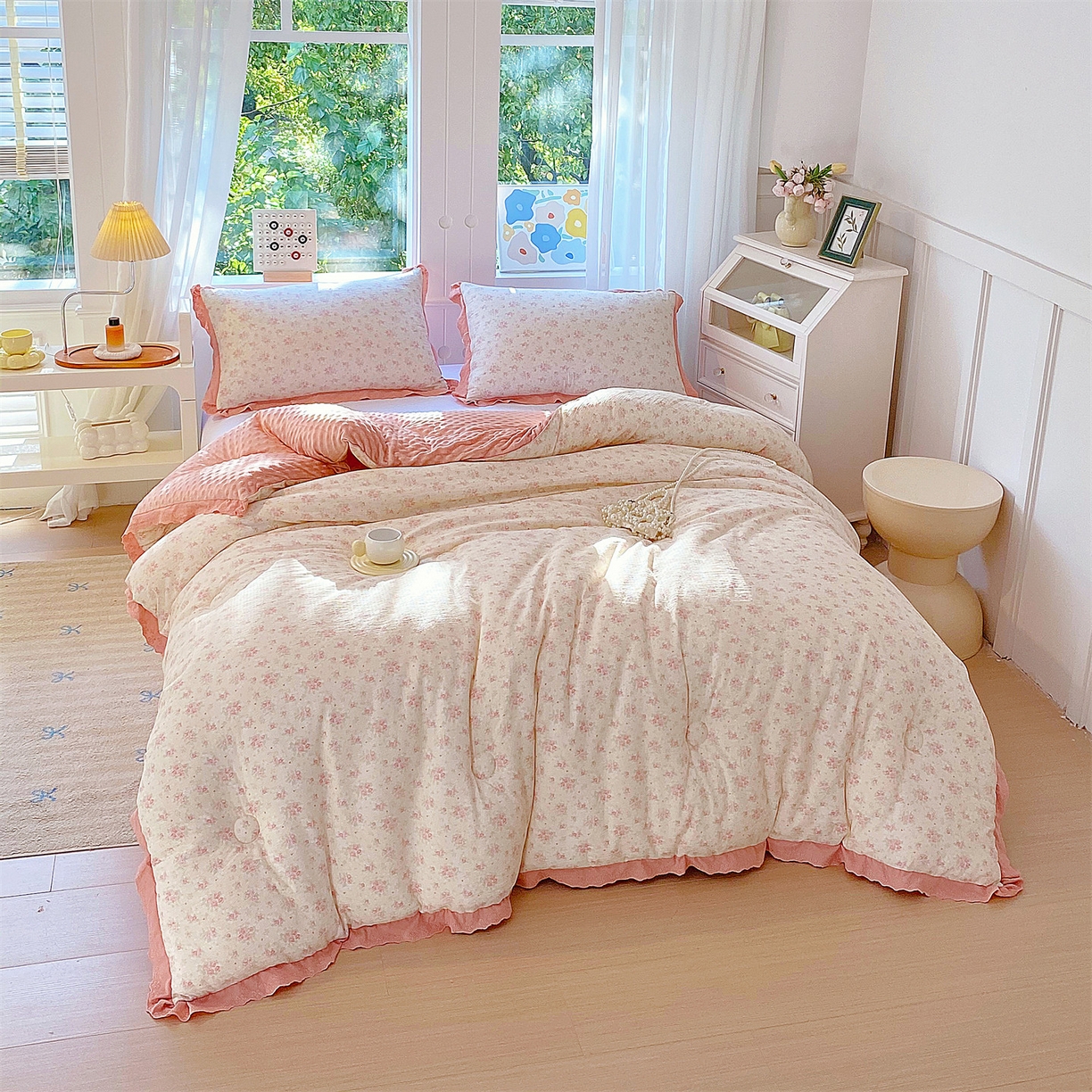 91家纺网 家纺一手货源 找家纺 宝士康家纺 2025新品豆豆绒小花边印花被子被芯冬被/秋冬被/被芯/跨境外贸 春樱